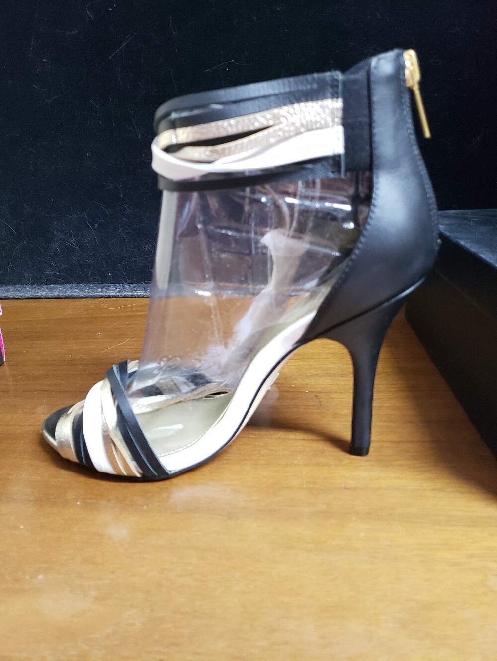 Black and Gold Strappy Ankle-Heel Sandals - Women's